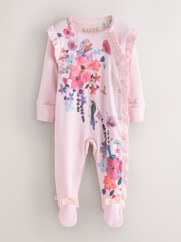 Baker by Ted Baker Pink Frill Detail Sleepsuit and Bib Set 2 Piece