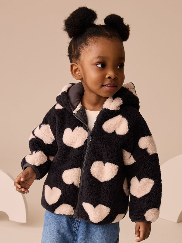 Black Heart Print Zip Through Fleece immediate