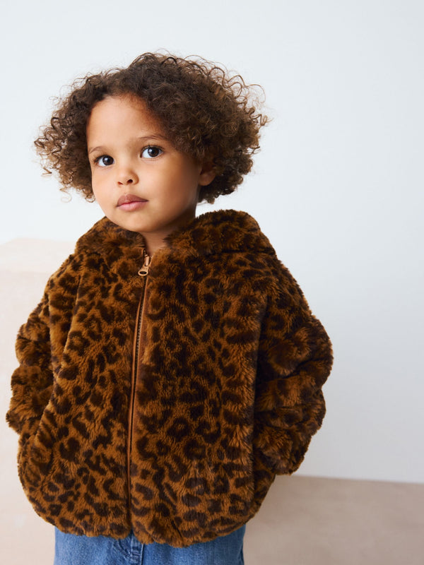 Brown Leopard Animal Print Faux Fur Zip Through Jacket (3mths-7yrs)