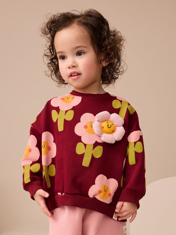 Burgundy Red Smiley Flower Print Crew Neck Sweatshirt (3mths-7yrs)