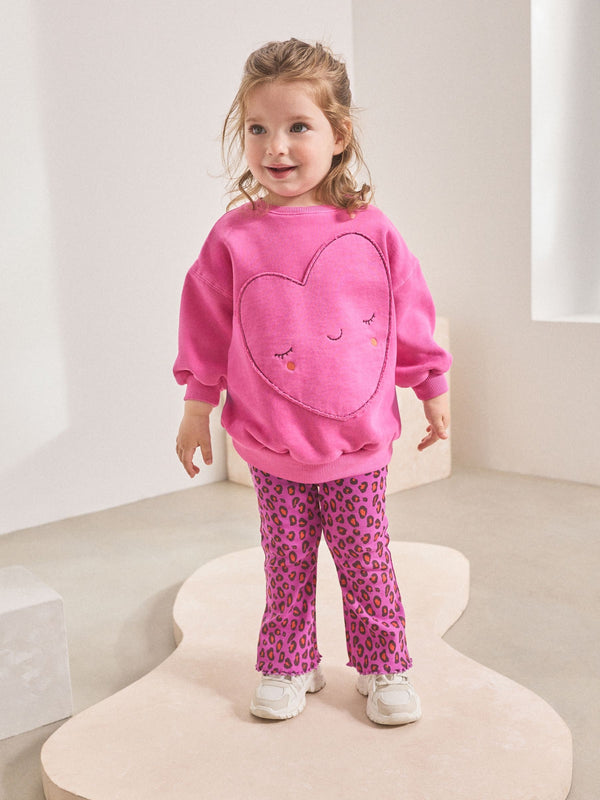 Pink Heart Animal Print Sweatshirt & Flare Leggings Set (3mths-7yrs)