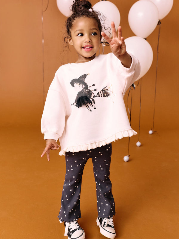 Cream Halloween Witch Frill Hem Sweatshirt & Flare Leggings Set (3mths-7yrs)