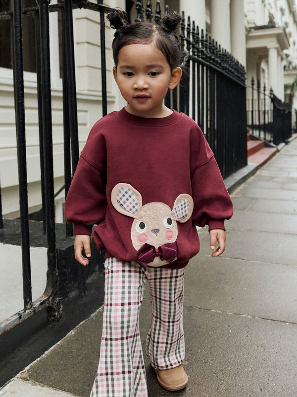 Burgundy Red Check Mouse Sweatshirt and Flare Leggings Set (3mths-7yrs)