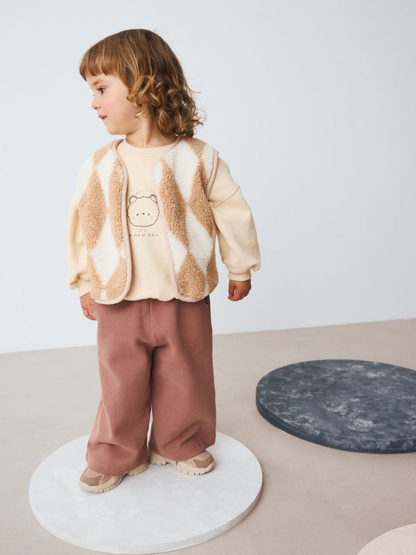 Neutral Teddy Bear Gilet Sweatshirt and Wide Leg Joggers Set (3mths-7yrs)