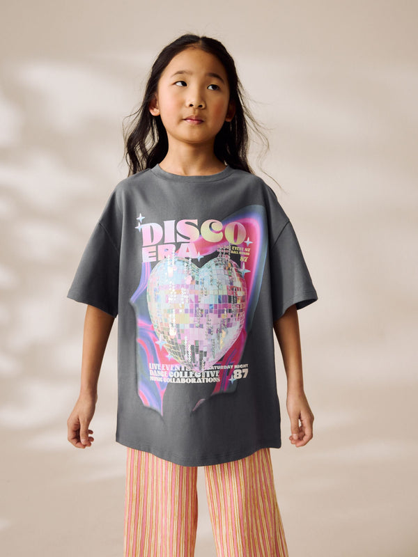 Grey Glitterball Oversized Sequin Graphic Print T-Shirt (3-16yrs)