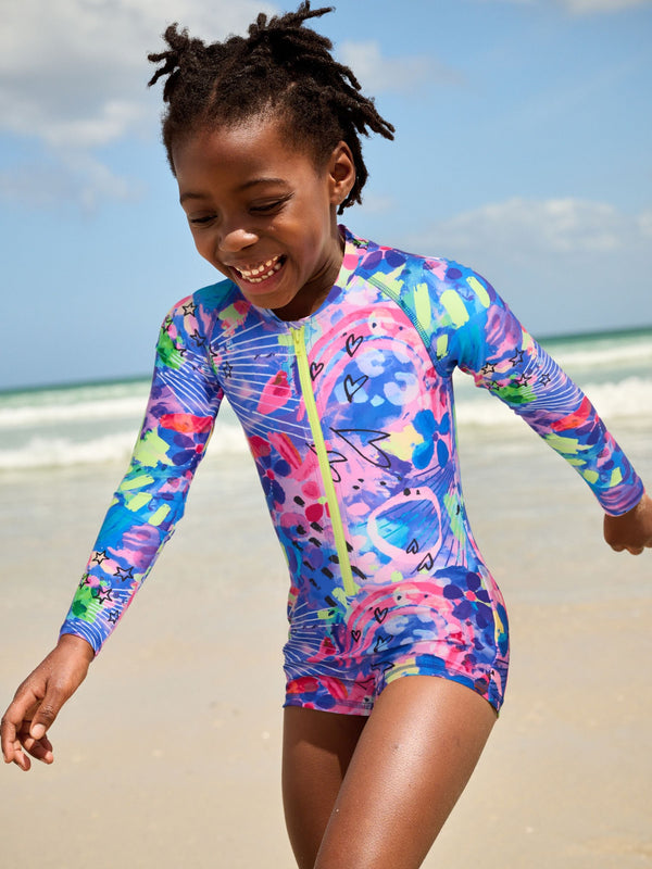 Blue Graffiti Long Sleeved Shortie Swimsuit (3-16yrs)