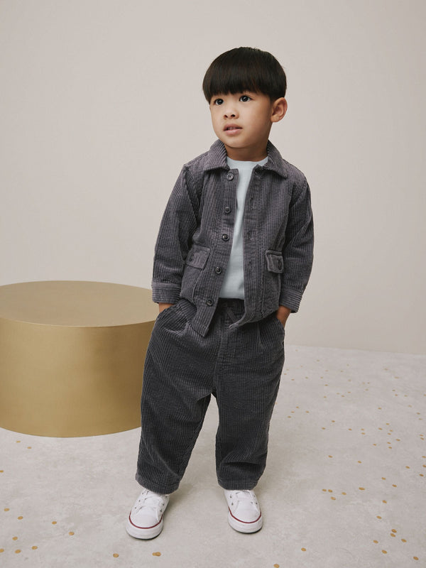 Charcoal Grey Textured Corduroy Shacket T-Shirt & Trousers Set (3mths-7yrs)