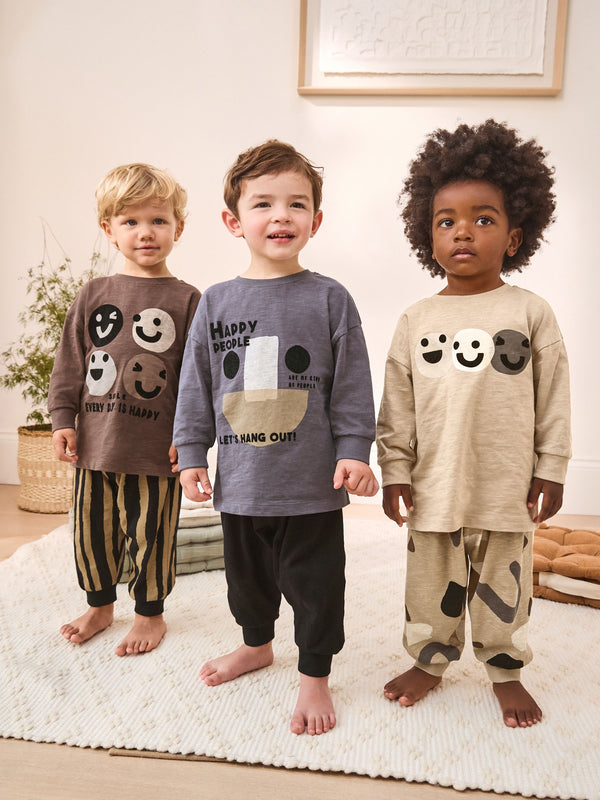 Brown/Cream Happy Face Oversized Pyjamas 3 Pack (9mths-10yrs)