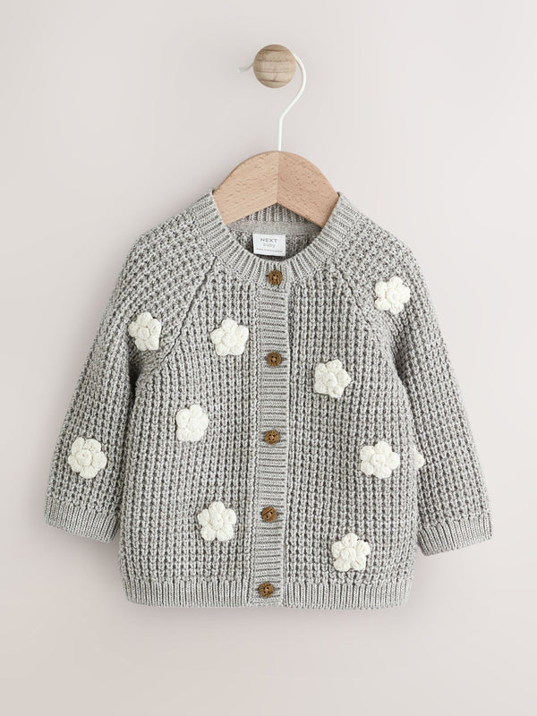 Grey Crochet Flowers Baby Knitted Cardigan (0mths-3yrs)