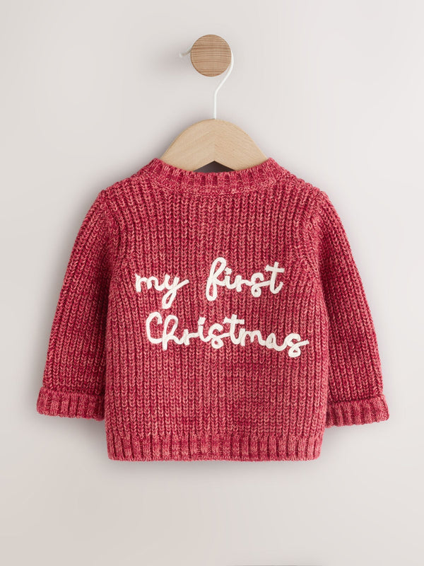 Red My First Christmas Knitted Baby Cardigan
