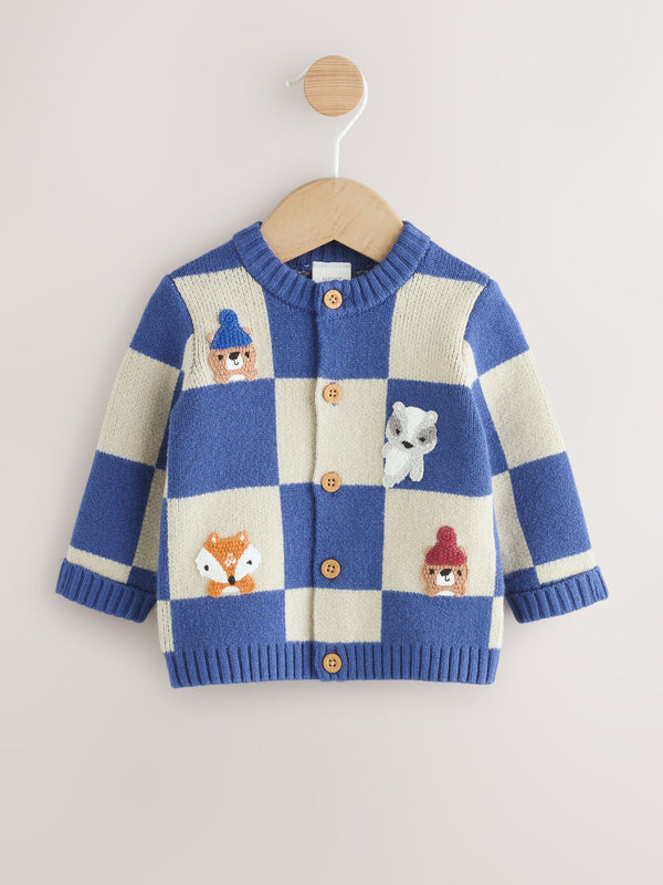 Blue Checkerboard Embroidered Character Baby Knitted Cardigan (0mths-2yrs)