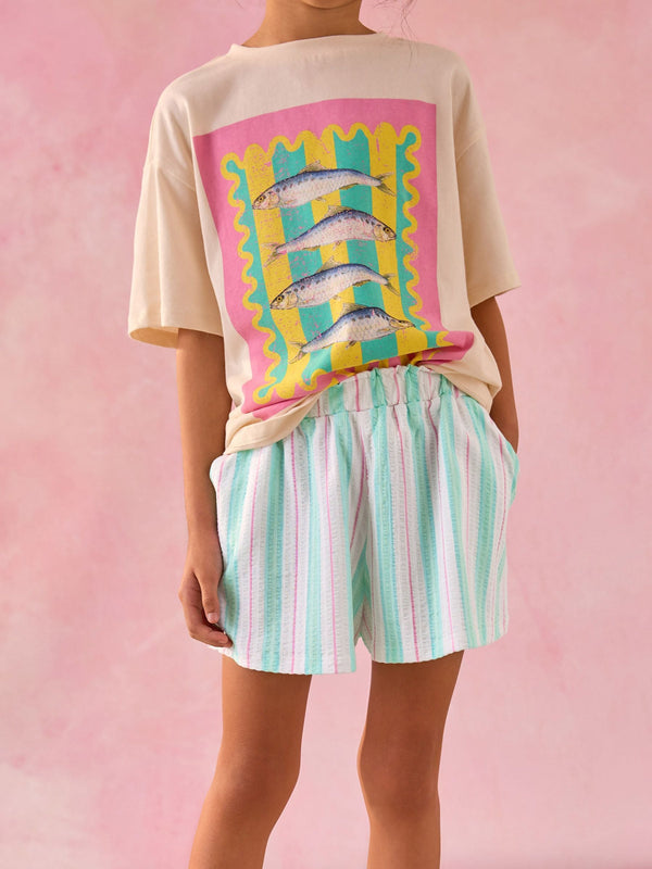 Aqua Blue Stripe 100% Cotton Pull On Textured Shorts (3-16yrs)