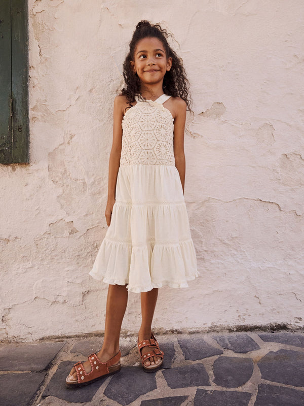 Ecru 100% Cotton Halter Next Crochet Trim Dress (3-16yrs)