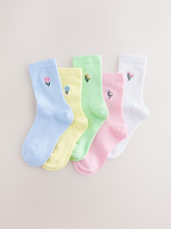 Multi 5 Pack Cotton Rich Embroidered Ankle Socks