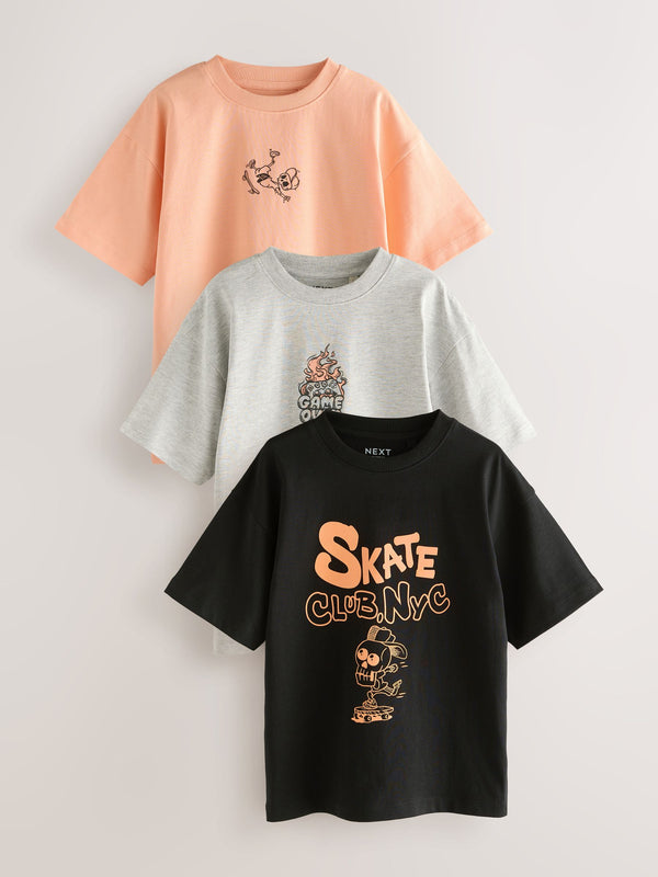 Black/Grey Skate Relaxed Fit Graphic Print Short Sleeve T-Shirts 3 Pack (3-16yrs)