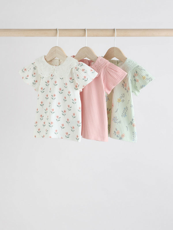 Pink and White Floral Baby Jersey Short Sleeve Tops 3 Pack (0mths-2yrs)