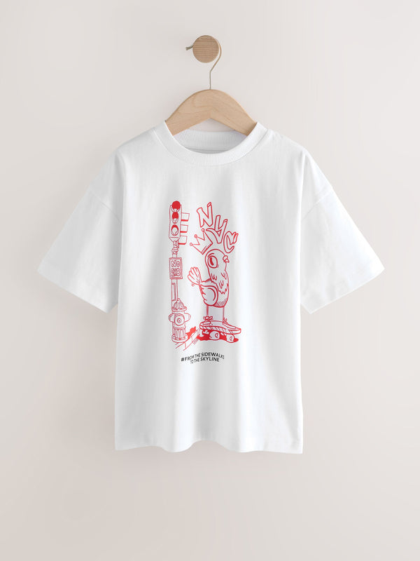 White Nyc Cartoon Relaxed Fit Short Sleeve Graphic Print T-Shirt (3-16yrs)
