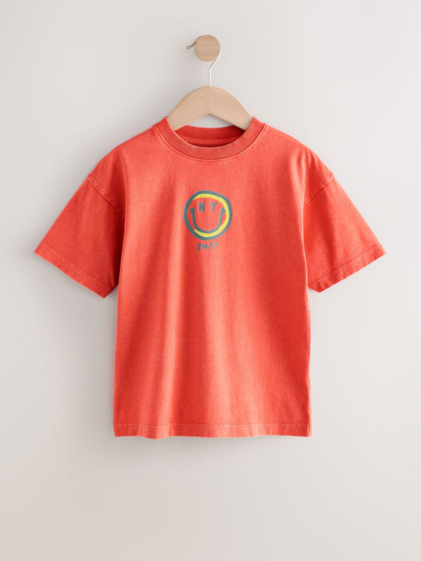 Red Relaxed Fit Washed Short Sleeve Graphic Print 100% Cotton T-Shirt  immediate