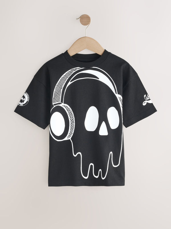 Black/White Skull Relaxed Fit Short Sleeve Graphic Print T-Shirt (3-16yrs)