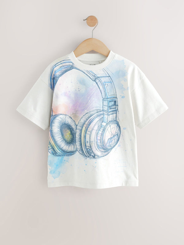White Headphones Relaxed Fit Short Sleeve Graphic Print T-Shirt (3-16yrs)