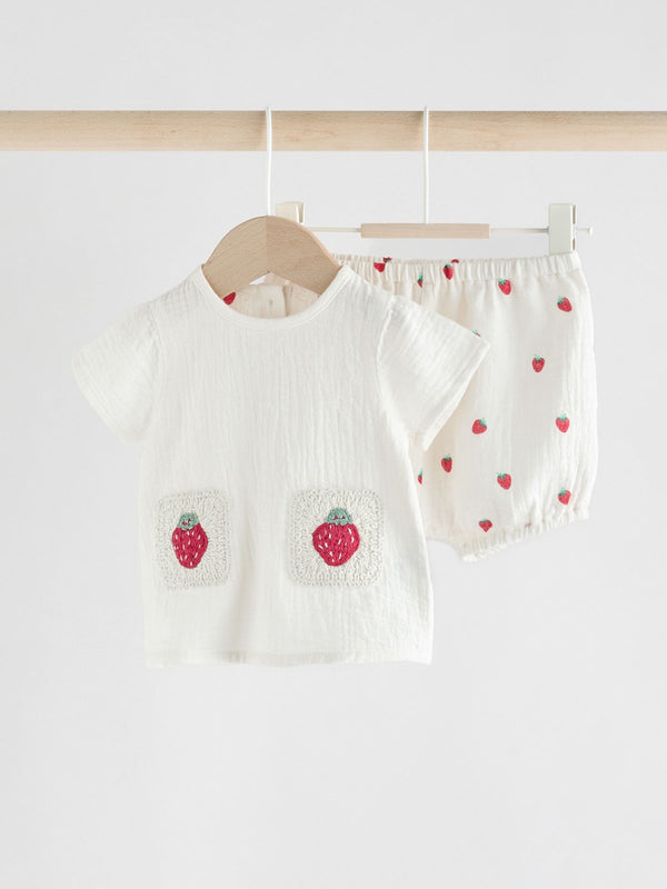 White Strawberry 100% Cotton Baby Shirt And Shorts Set (0mths-2yrs)