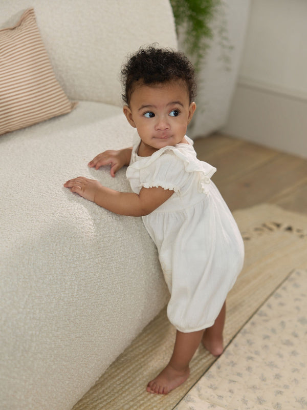White Embroidered Frill Shoulder Floral Baby Romper