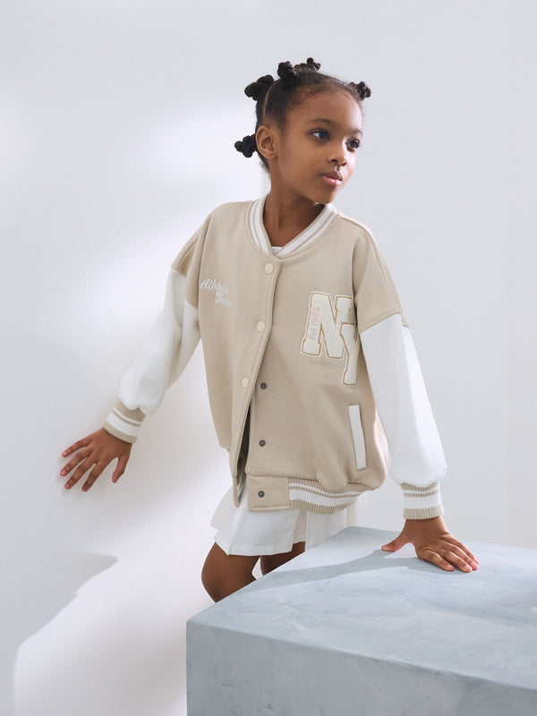 Beige Boucle Varsity Embroidered Jacket (3-16yrs)