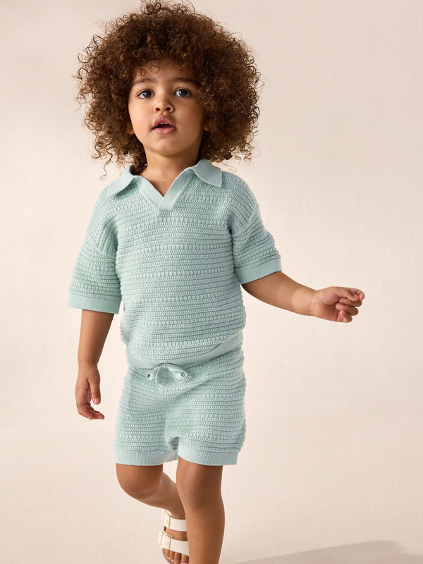 Mineral Blue 100% Cotton Textured Trophy Neck Knitted Polo Shirt and Shorts Set (3mths-10yrs)