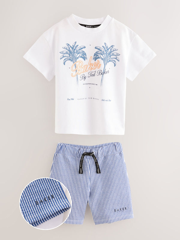 Baker by Ted Baker Graphic White T-Shirt and Blue Stripe Shorts set