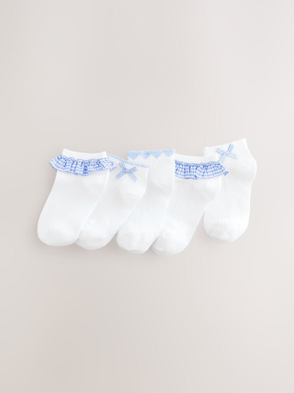 White with Blue Gingham Ruffle Rich Trainer Socks 5 Pack