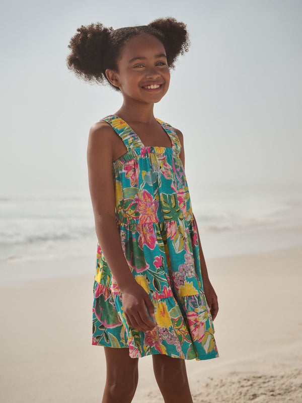Green Tropical Print 100% Cotton Ruched Strap Sundress (3-16yrs)