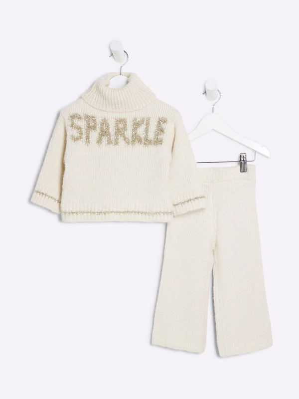 River Island Cream Girls Sparkle Trousers Set