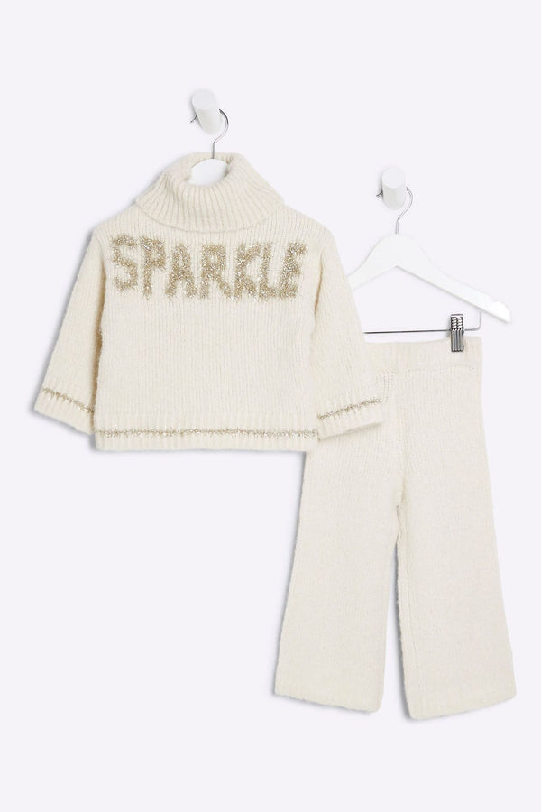 River Island Cream Girls Sparkle Trousers Set