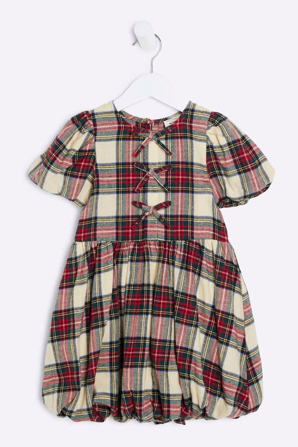 River Island Red Girls 100% Cotton Check Bow Puff Sleeve Dress