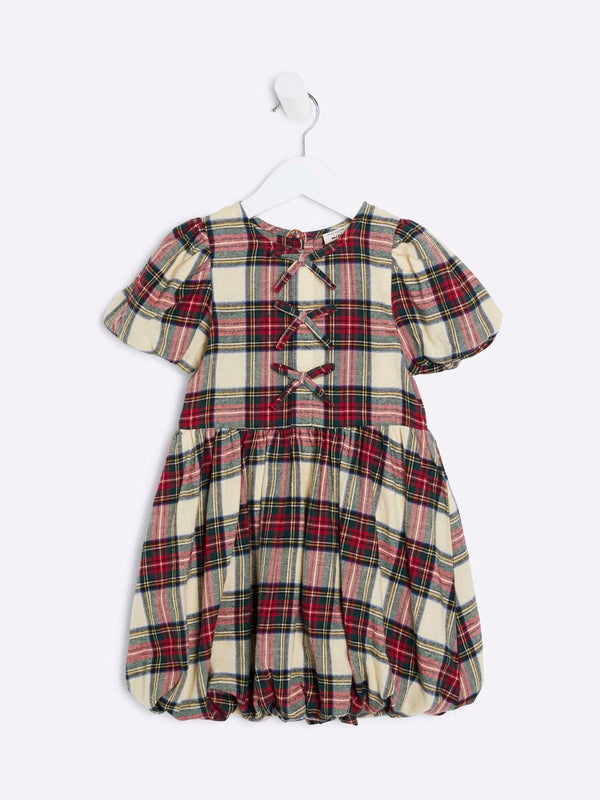 River Island Red Girls 100% Cotton Check Bow Puff Sleeve Dress