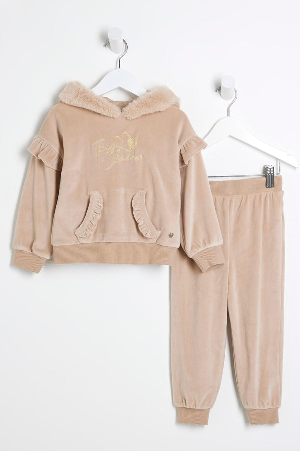 River Island Brown River Island Girls Velour Faux Fur Trim Hoodie Set