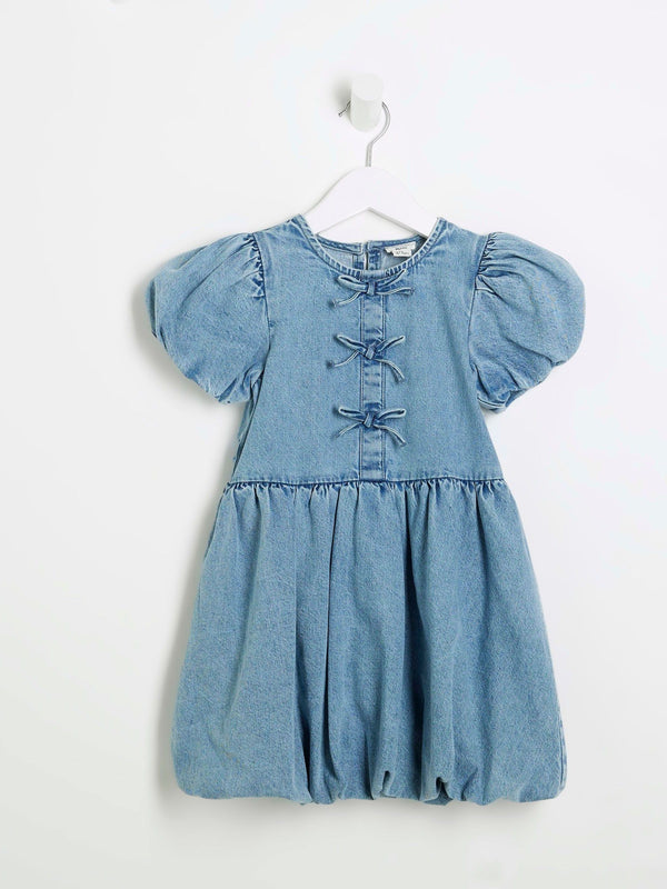 River Island Blue Denim Bow Puff 100% Cotton Sleeve Dress