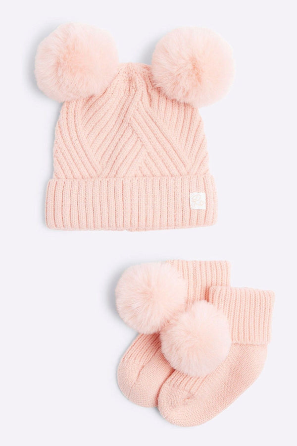 River Island Pink Baby Girls Knitted Bootie and Beanie Set