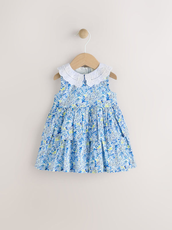 Blue Floral Baby Frill Collar Tiered 100% Cotton Dress (0mths-2yrs)
