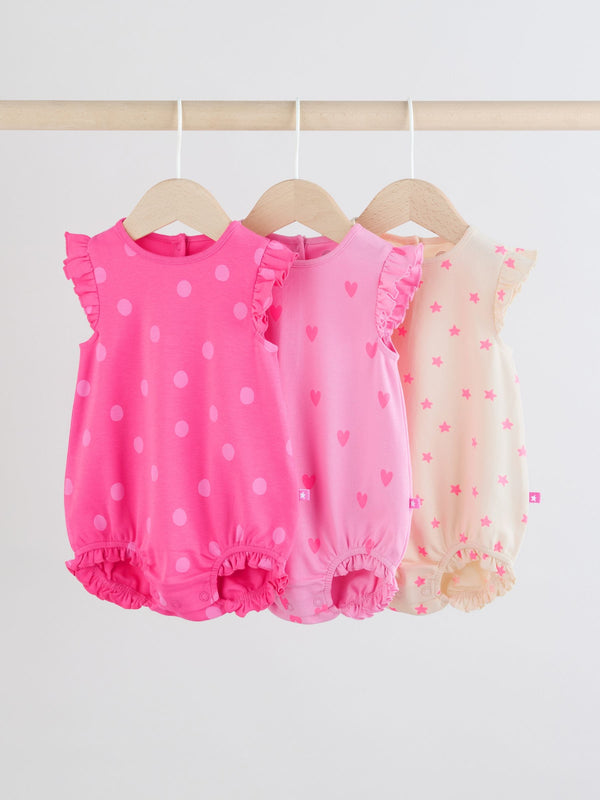 Pink Tonal Heart Printed Baby Frill Jersey Rompers 3 Pack
