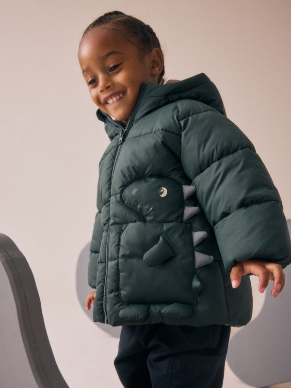 Khaki Green Dinosaur Pocket Padded Coat (3mths-7yrs)