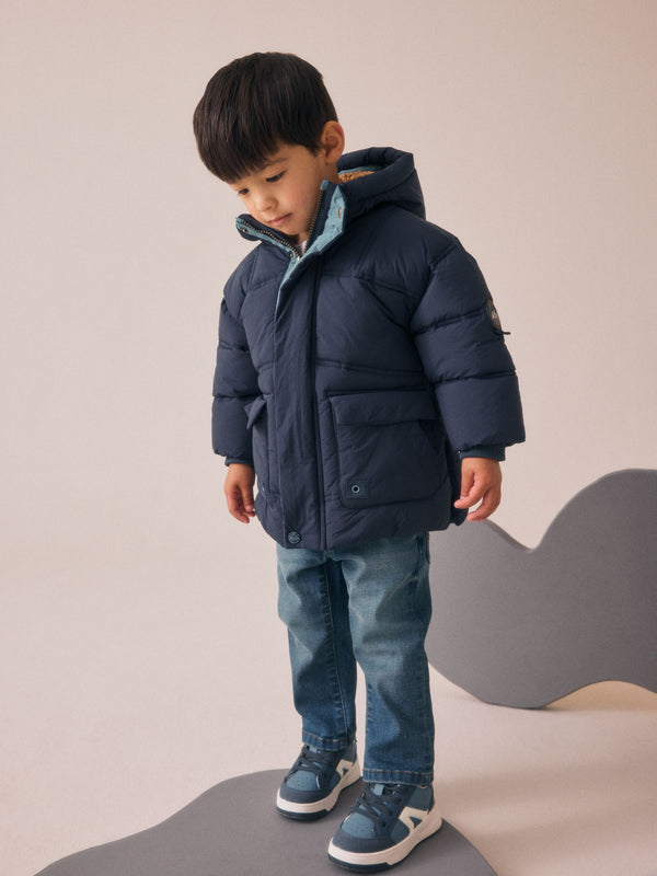 Navy Borg Lined Padded Coat (3mths-7yrs)