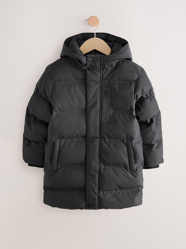 Black Waterproof Long Line Fleece Lined Puffer Coat (3-17yrs)