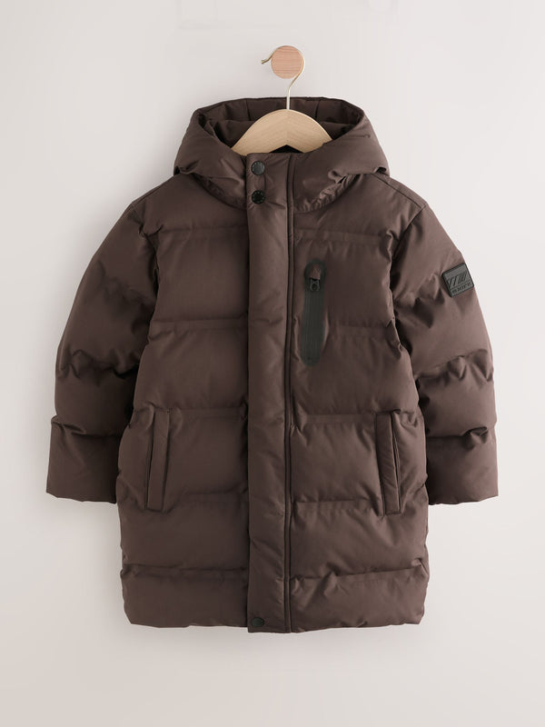 Brown Waterproof Long Line Fleece Lined Puffer Coat (3-17yrs)