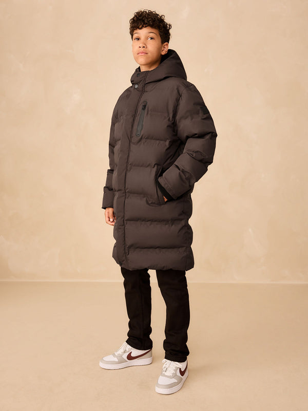 Brown Waterproof Long Line Fleece Lined Puffer Coat (3-17yrs)