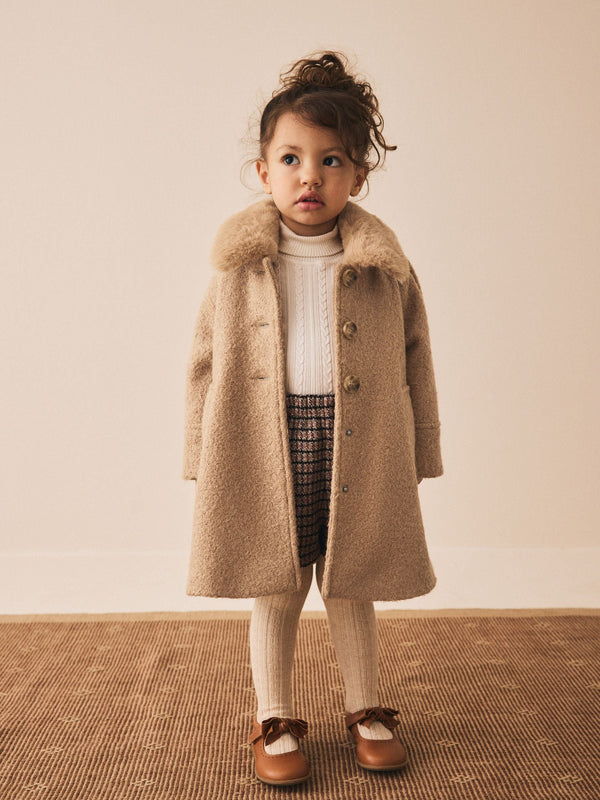 Camel Faux Fur Collar Hooded Coat with Wool (3mths-7yrs)