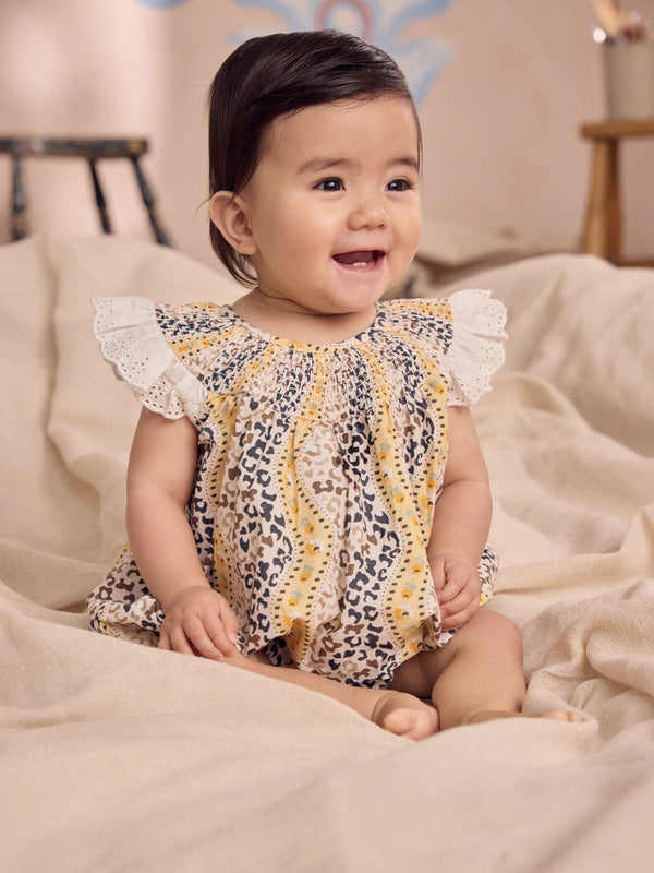 Brown Patterned 100% Cotton Printed Baby Broderie Romper
