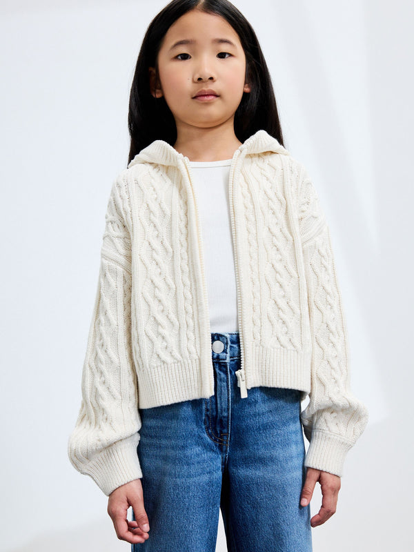 Ecru Zip Through Cable Knit Hoodie (3-16yrs)