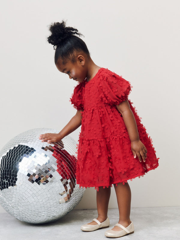 Red Short Sleeve 3D Flowers Dress (3mths-8yrs)