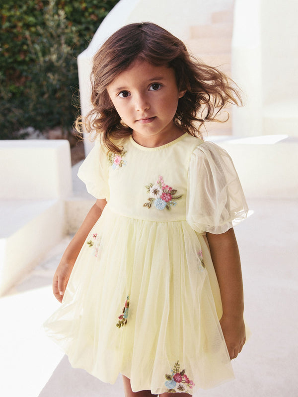 Lemon Yellow Bubble Hem Embroidered Mesh Dress (3mths-8yrs)